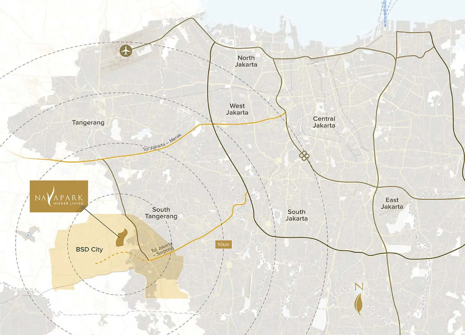 Map showing NavaPark in BSD City relative to Jakarta and Tangerang