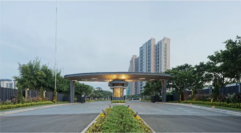 Marigold entrance gate with towers behind